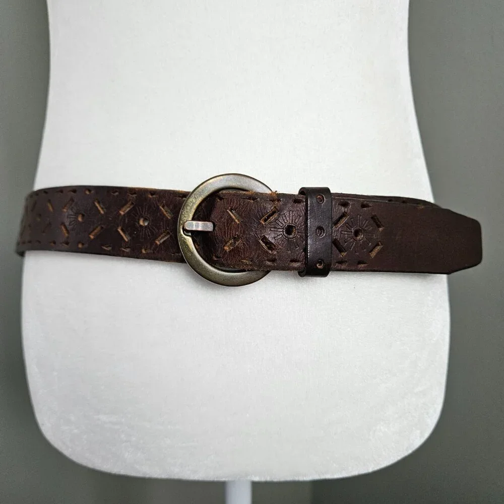 Boho Chocolate Brown Perforated Sunburst Tooled Leather Belt L